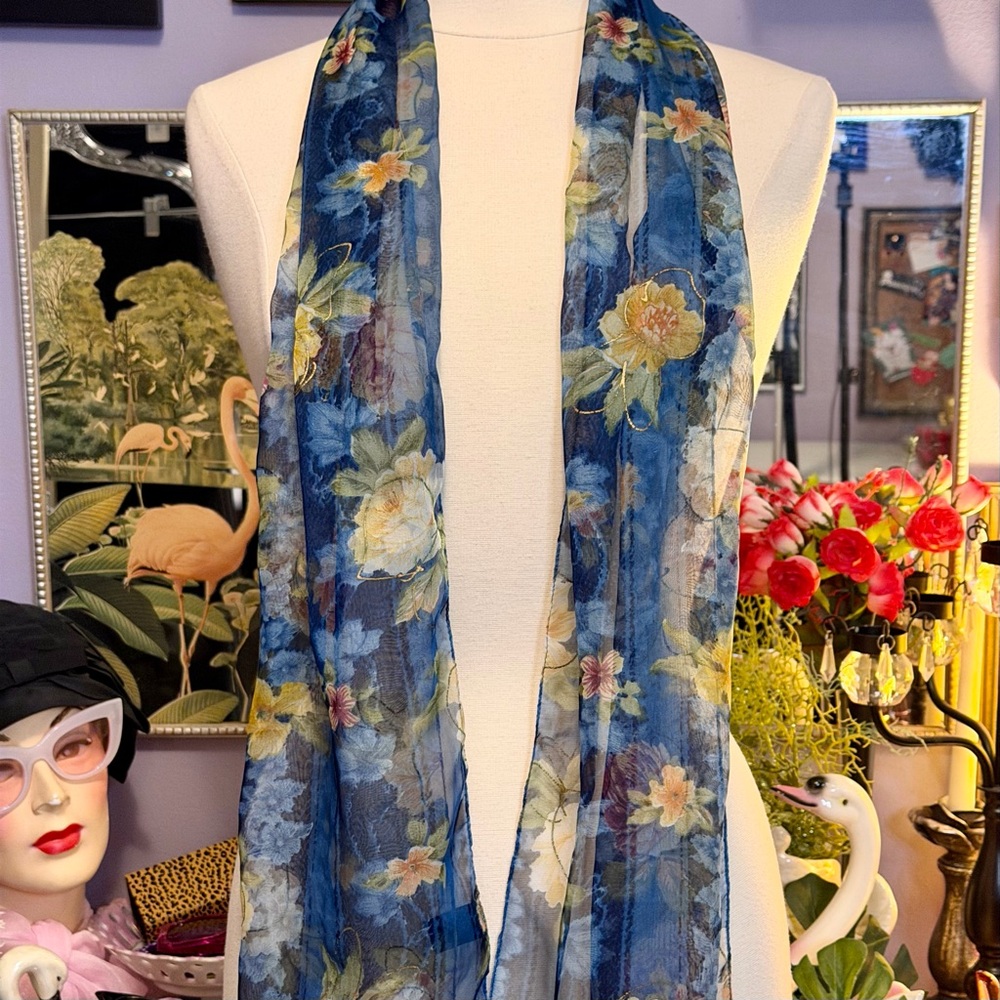 Fashion Sheer Scarf Floral Blue